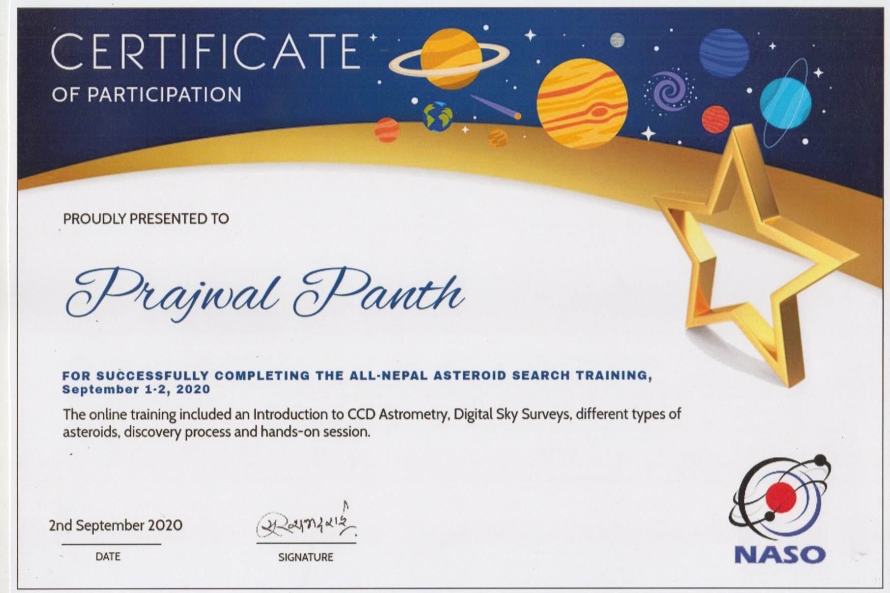NASO Asteroid Search Traning Certificate